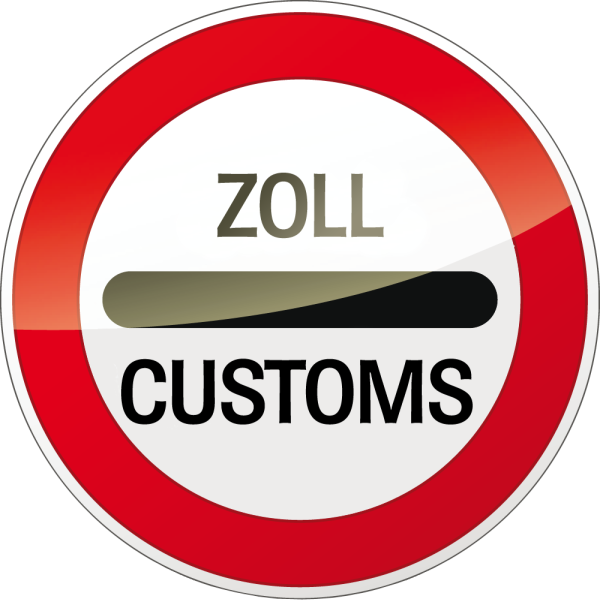 Eine spiegelde Grafik zeigt ein rundes Verkehrsschild mit rotem Kreis und mit weißem Innenfeld sowie den Worten ZOLL – CUSTOMS.