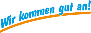 Das Rüdinger-Logo in einer geschwungenen Schrift: Wir kommen gut an! Die Worte sind mit einem orangenen Strich unterstrichen.