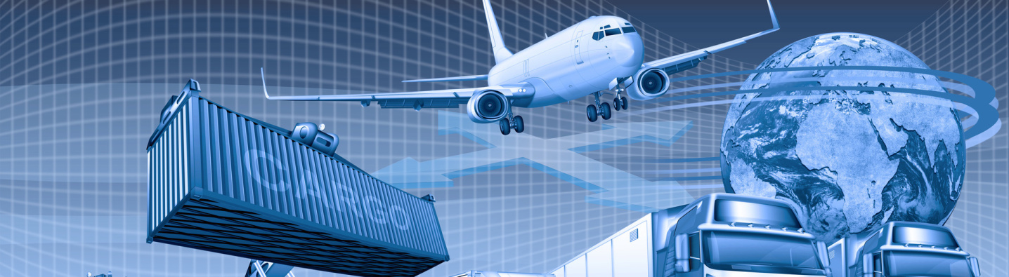 In a blue collage on a background of  horizontal and vertical lines there is a huge container on the left side, a plane flying in the middle and half of two driver cabins of two trucks on the right.